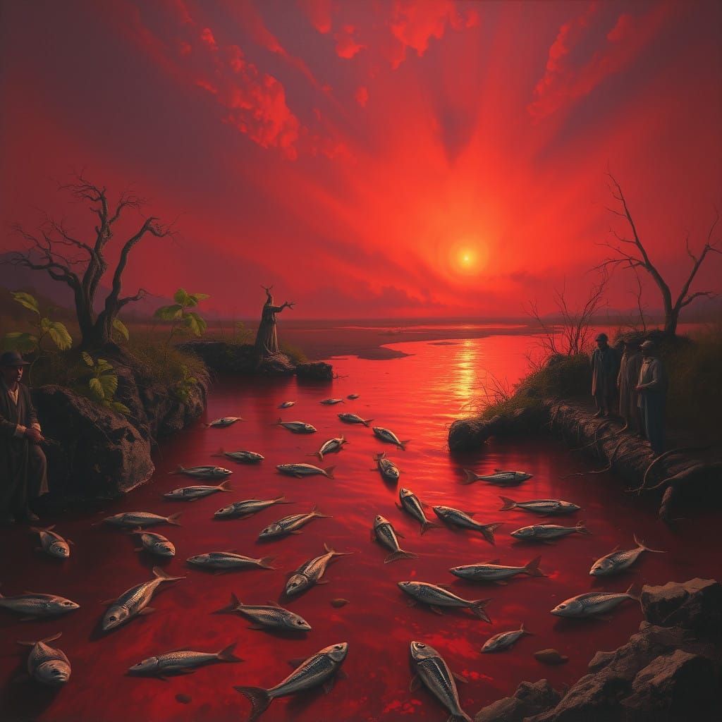 A haunting depiction of the plague of blood. The scene shows the Nile River transformed into a vivid, ...  by @Freja Novalie