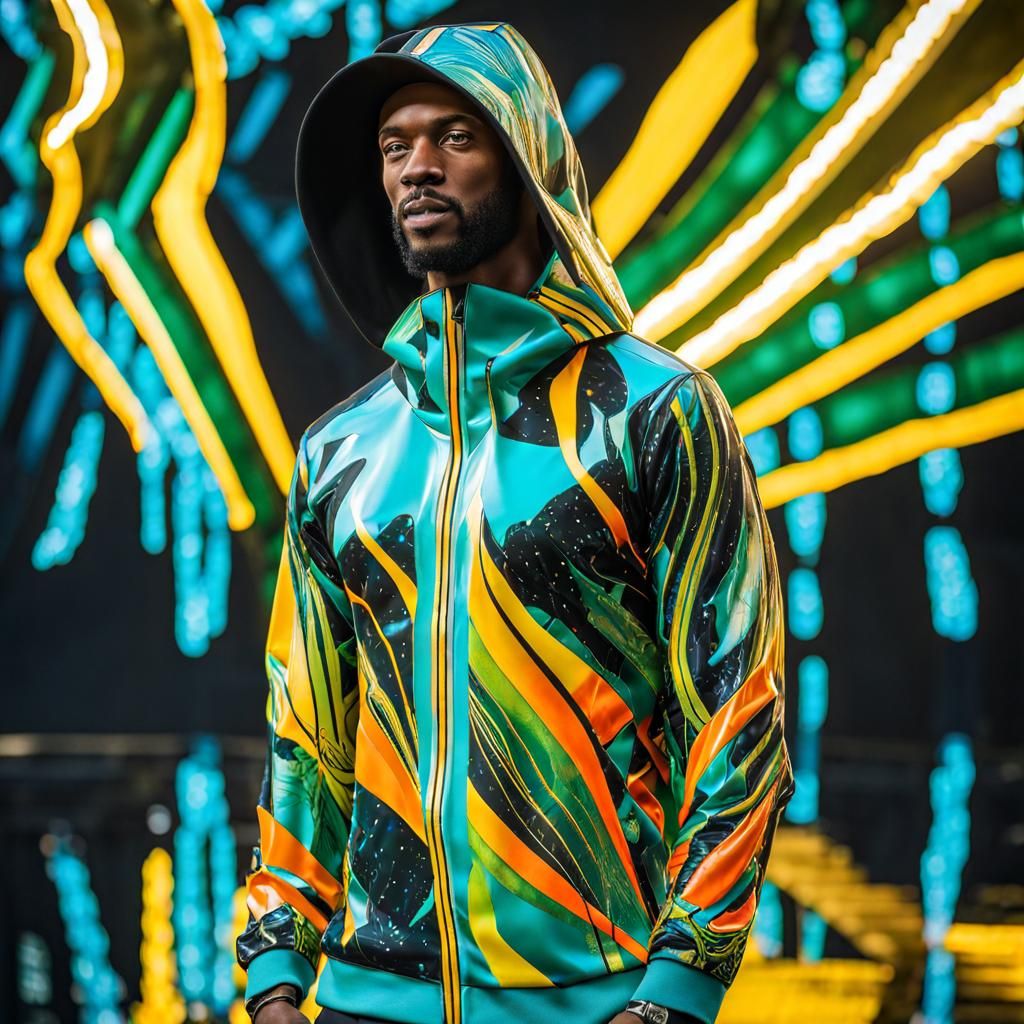 Hoodie up, jet black shiny assymetric organic psychedelic sw...