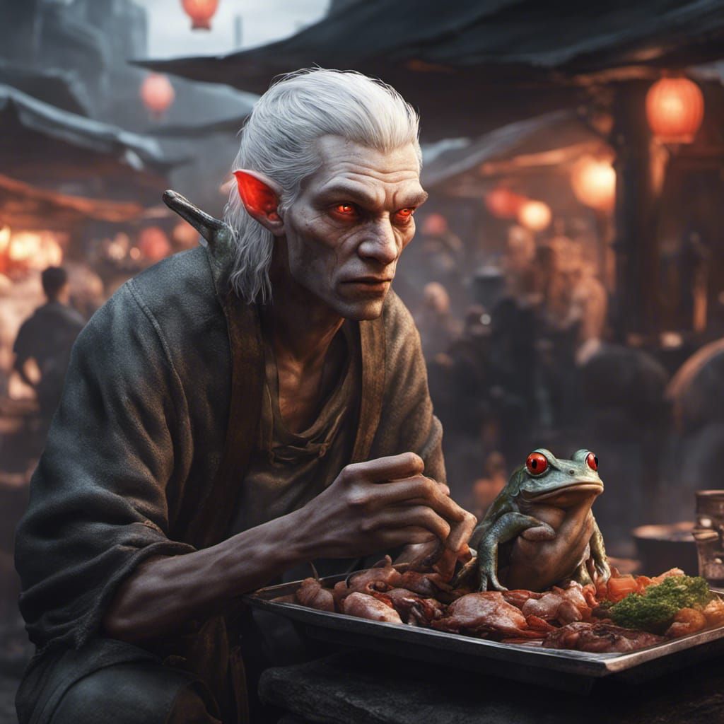 Hyperreal Dark Fantasy Man Eats Street Food