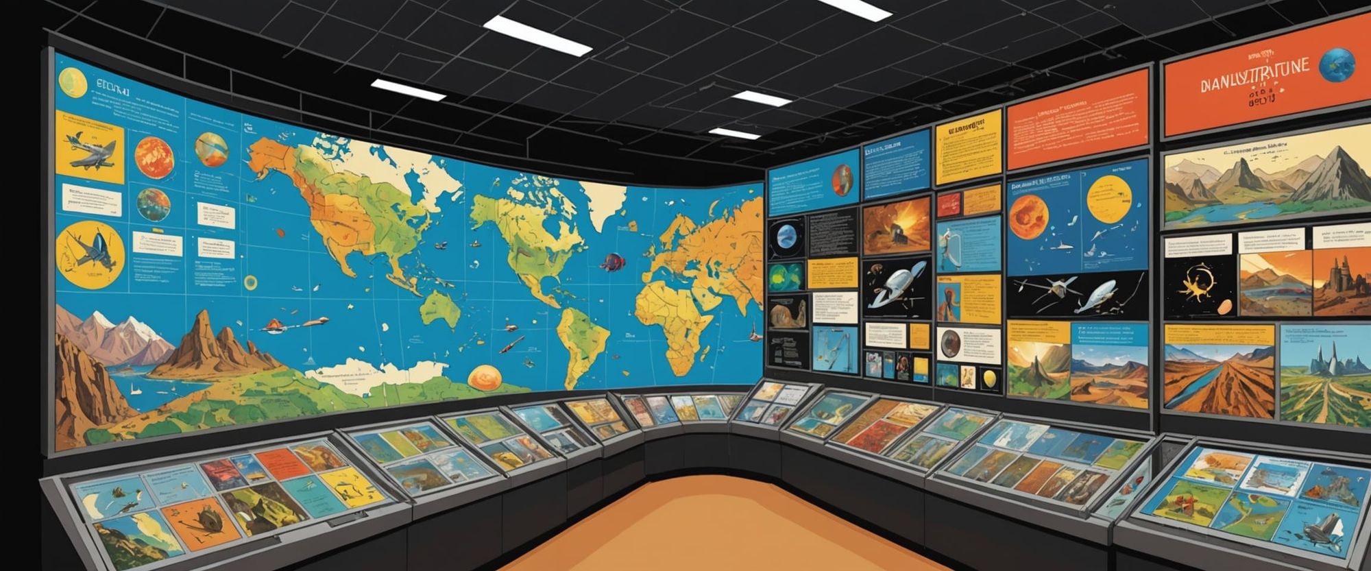 10,000 years from now, smithsonian museum display from our distant future, titled "the history of the human spacies, colorful timeline horiz...