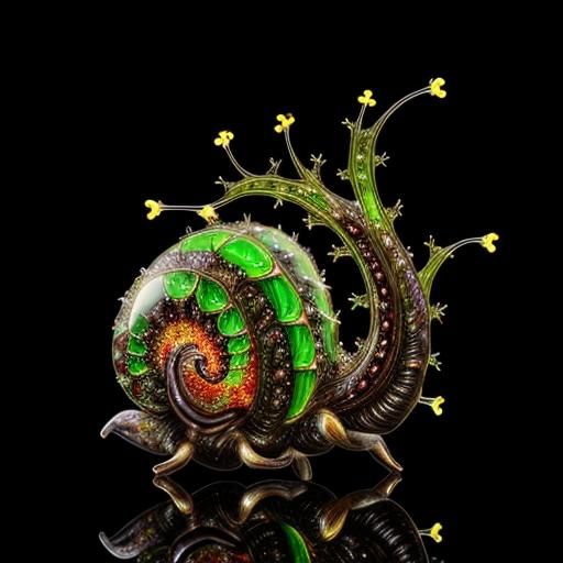 Transparent glass snail-shell filled with bioluminescent fractal plants ...