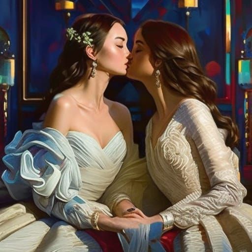 Engagement ring ; two girls kissing ; head and shoulders por...