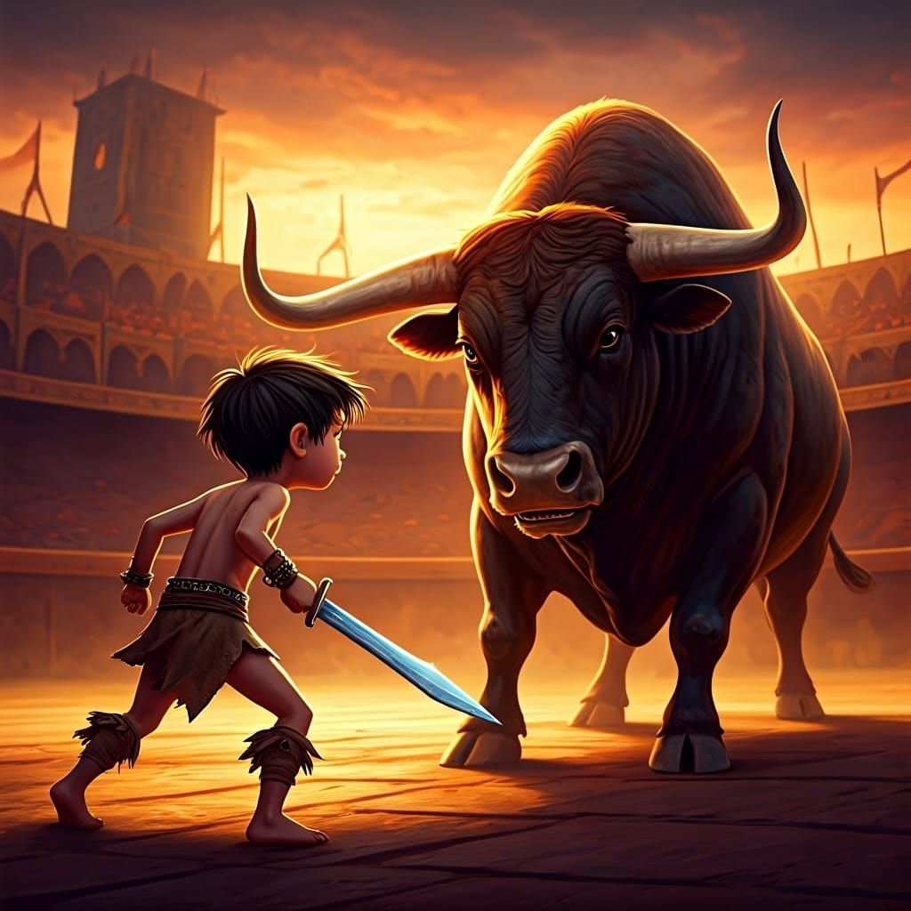 Young Warrior Stands Ready to Face the Majestic Bull