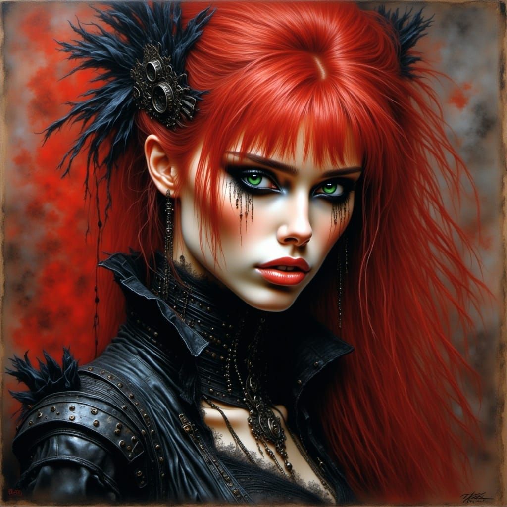 Oil  painting half-length portait red hair green eyes, half turned head, goth <lora:Penny Portraits:1.0> style clothing