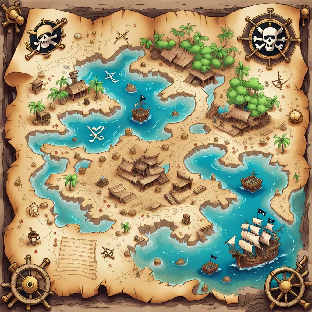 Colorful Pirate Treasure map, highly detailed, rich illustration, lines, notes, x marks the spot,   by @iAmDaddyRandy