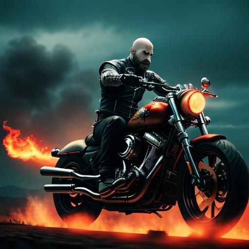 KRATOS AS THE GHOST RIDER ON A MOTORCYCLE.
