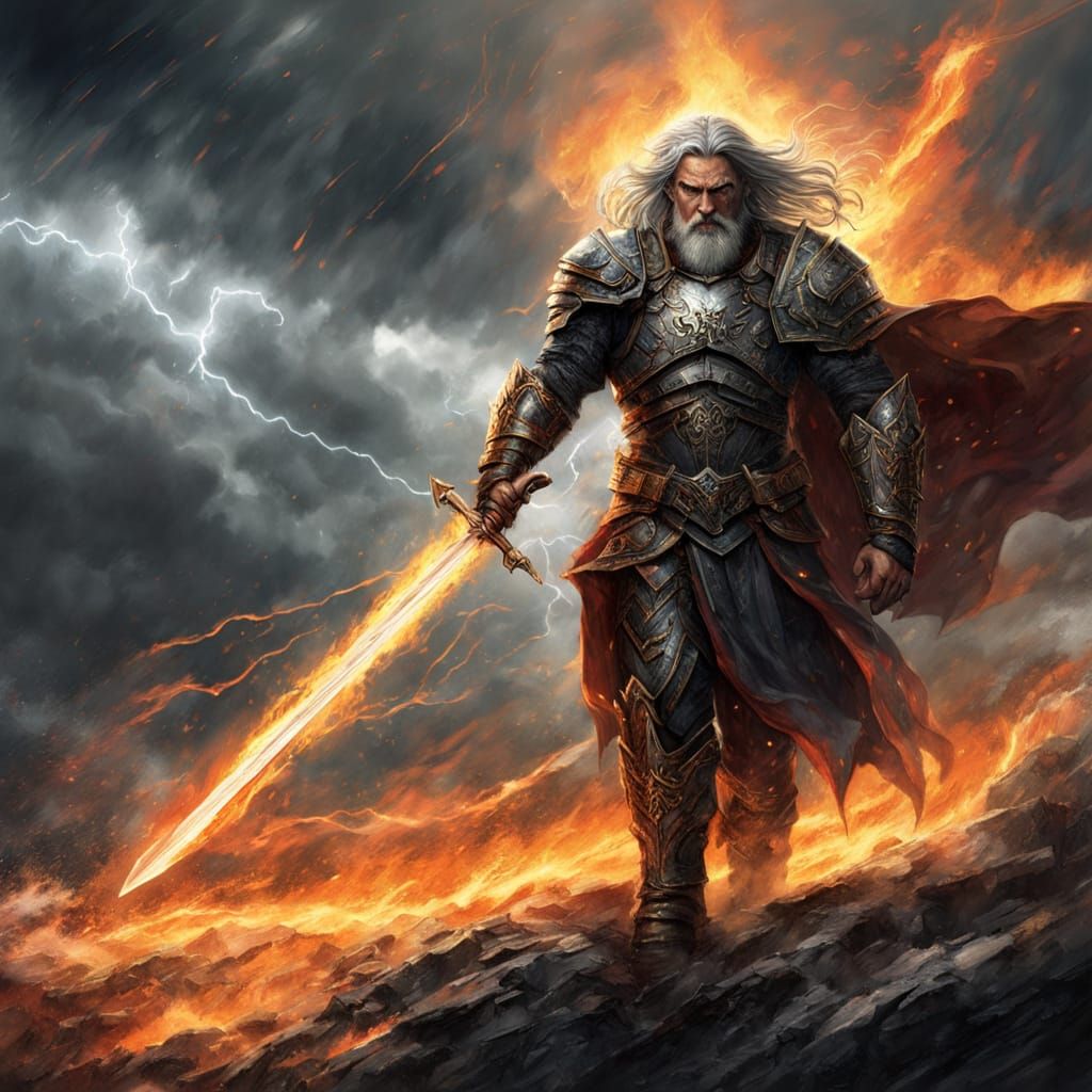 Of course! In the image we see a powerful warrior standing in the center of the stormy elements. His posture radiates strength and determina...