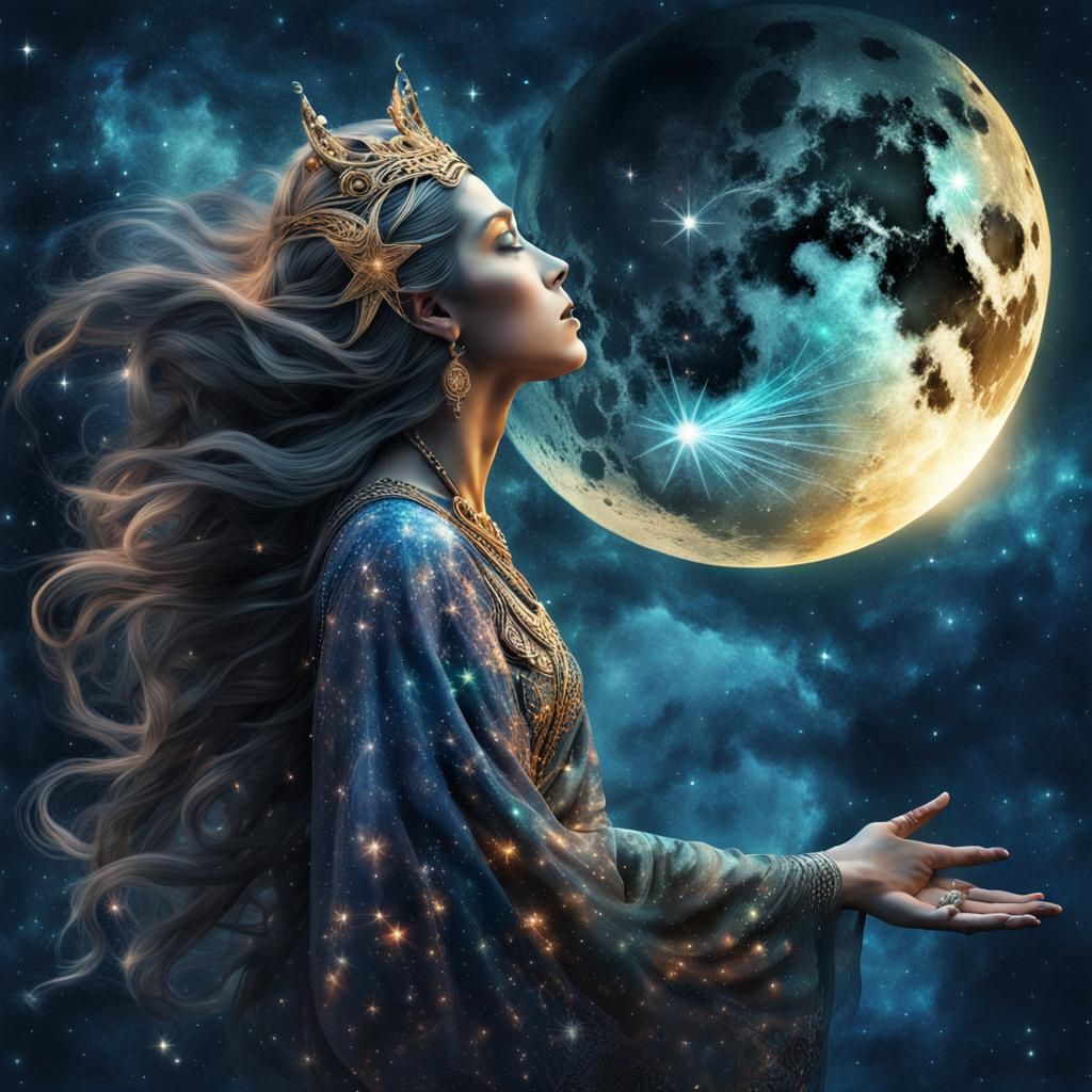 Double exposure of a majestic moon sorceress goddess with stars and ...