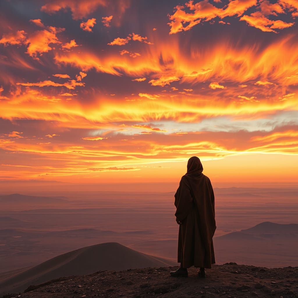Mysterious Desert Wanderer in Vibrant Sunset Hues