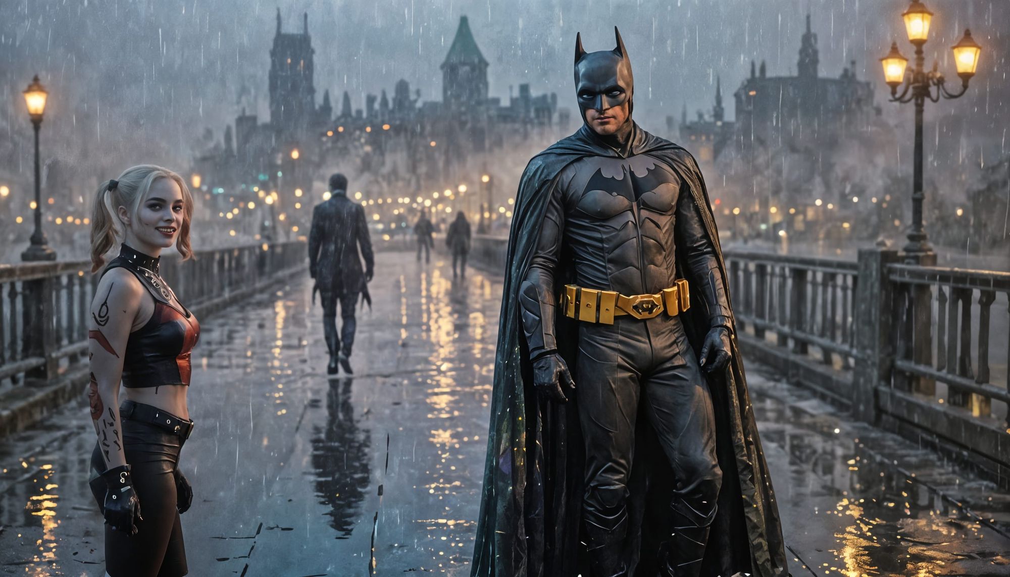 In a rain-soaked Gotham, Batman confronts the Joker on a misty, dimly lit bridge, painted in the soft, blurred style of Claude Monet’s Impre...
