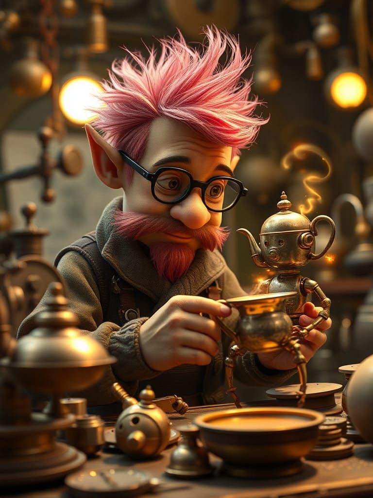 Finishing his magical teaset, gnomish artificer Arrik Fizzledust  by @Thordis Alfstein