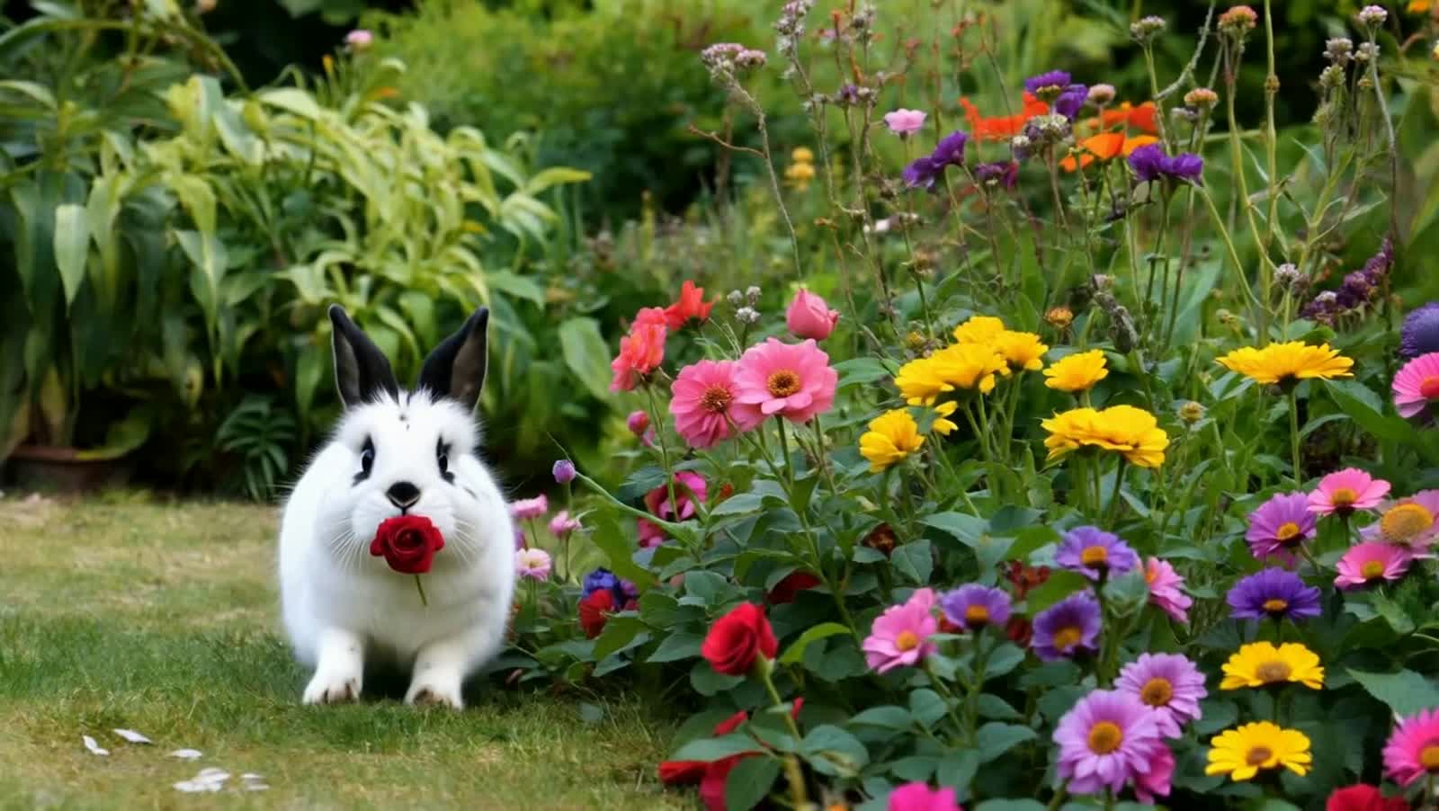 Bounding Bitsy Bunny Brings a Rose - First video - Seedance