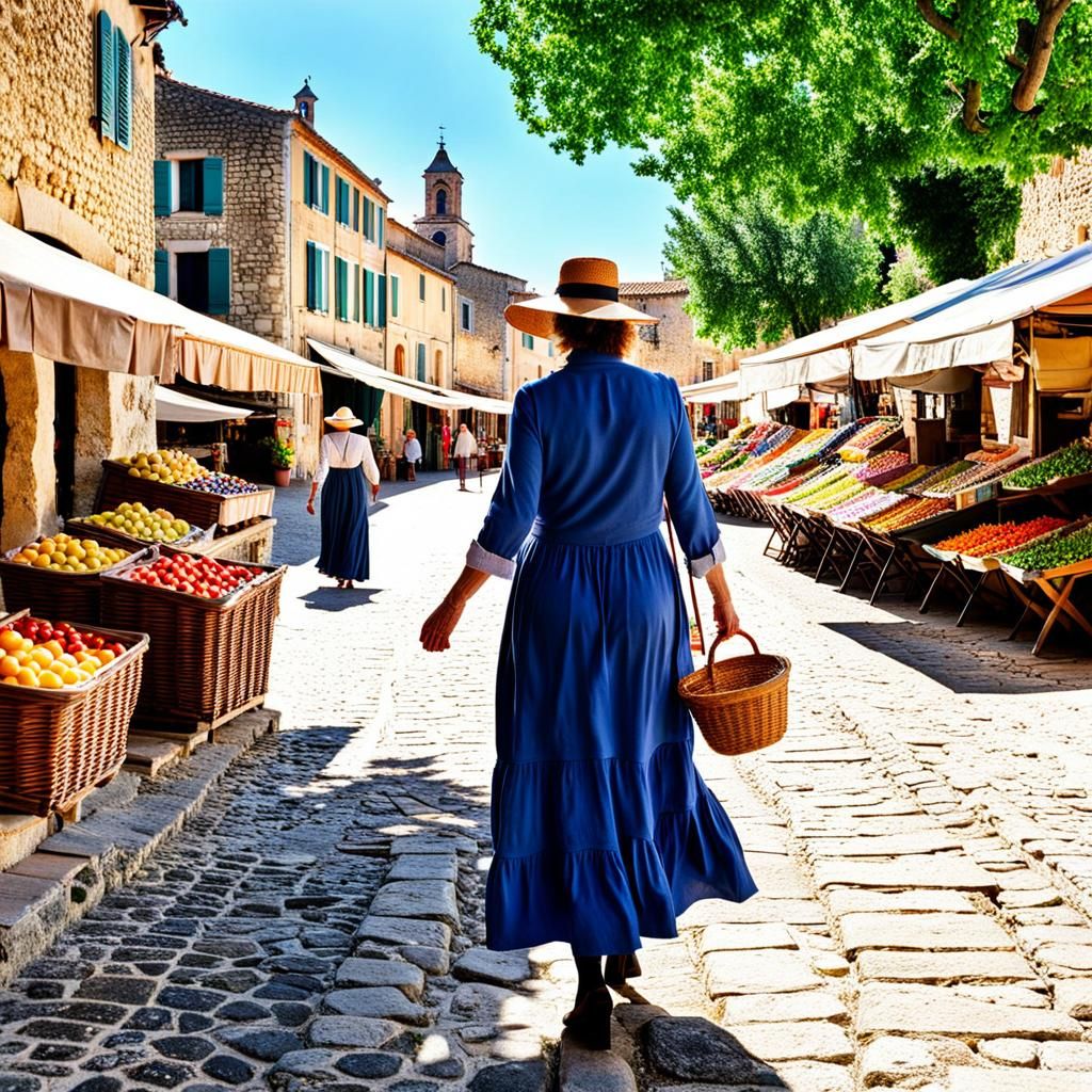 A woman strolling on the market square of a village of Prove...