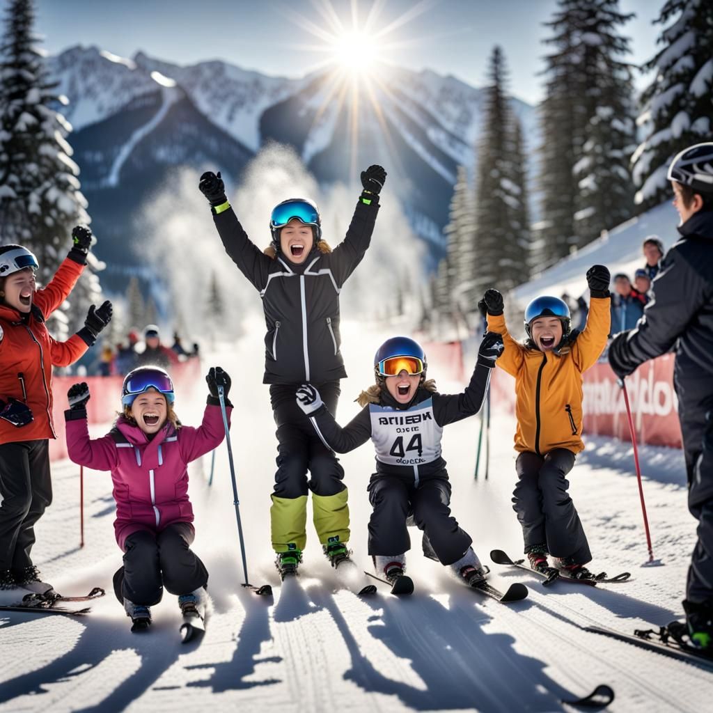 Winter Sports Children skiing competition finish line people...