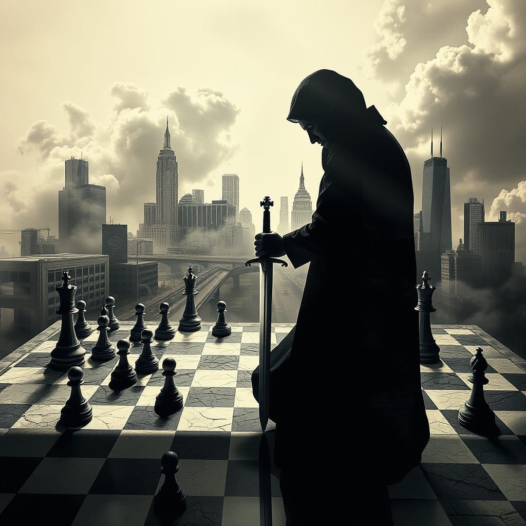 Surrealist Masterpiece of a Chess Game in Double Exposure