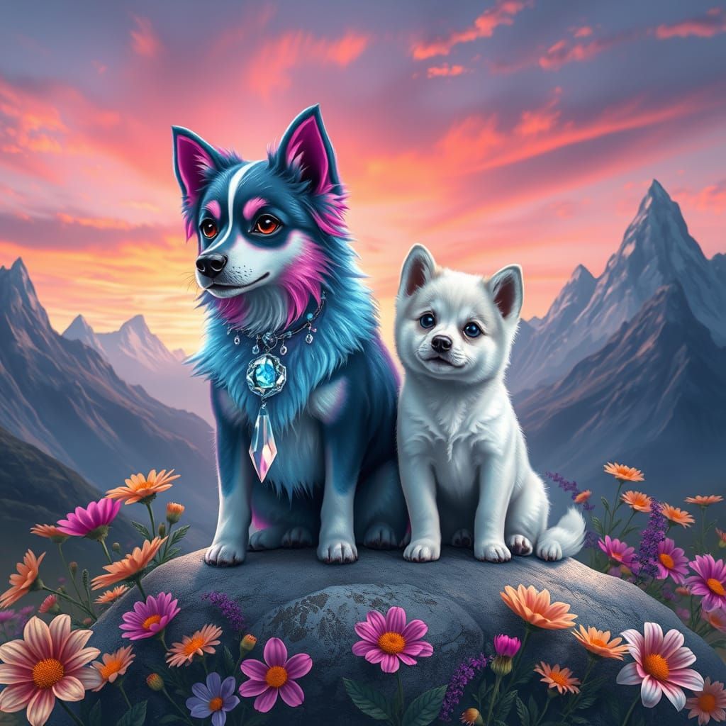 Magical Dogs in Dreamlike Landscape, Painterly Style