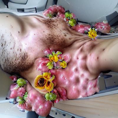Human body with sweaty flowers growing from all orifices