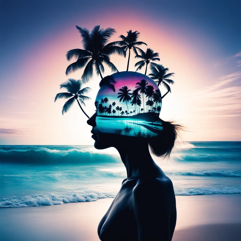 Double exposure art, a tropical paradise within the silhouet...