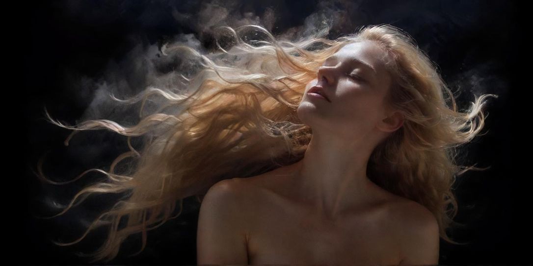 A  portrait of a woman with long blonde hair