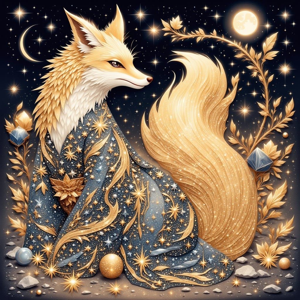 Golden fox under a luminous crescent moon, inspired by the works of Hokusai