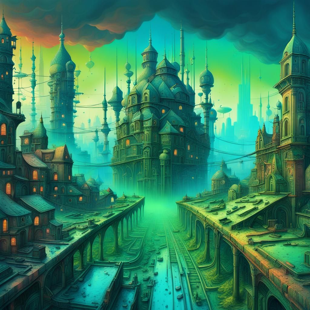 Surreal Retro Landscape in Steampunk Style