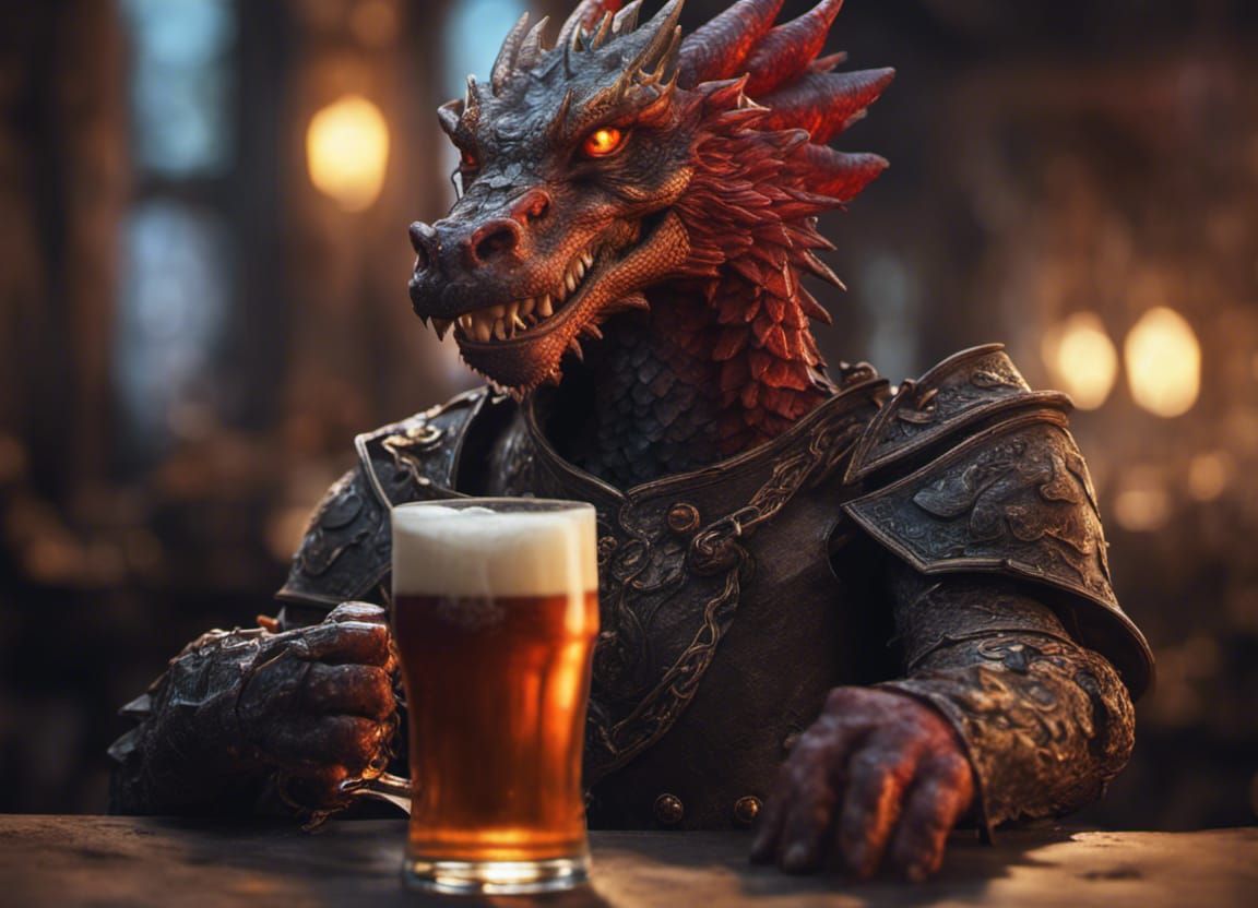red eyed medieval celtic dragon drinking a pint of ale hyper...