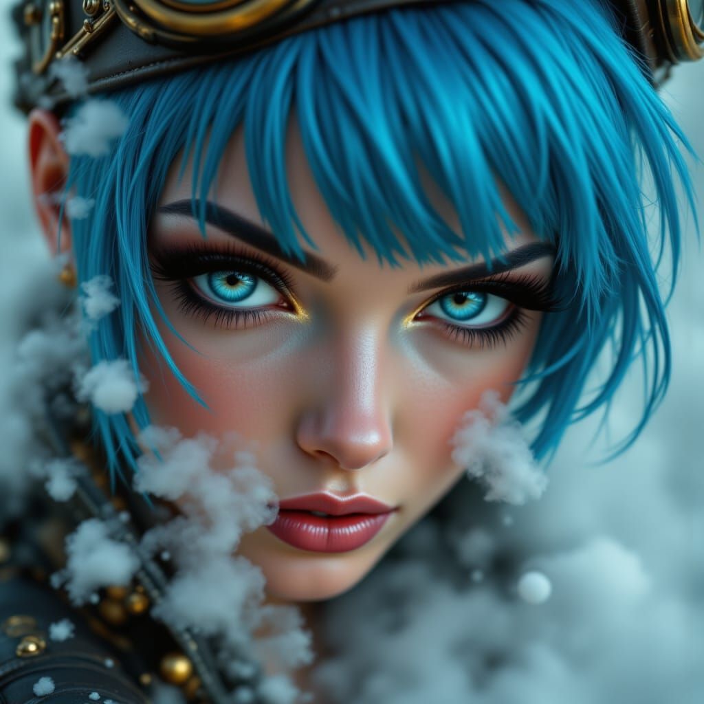 <lora:Steampunk Portrait:1.0> Extreme macro close-up of a shaved blue-haired Steampunk pinup with thick, mascara to accentuate her awe-inspi...