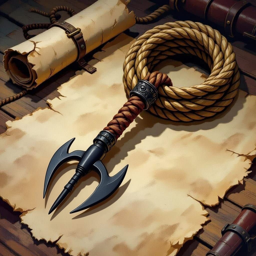 Fantasy concept art of a grappling hook and rope in a dnd painted style. 