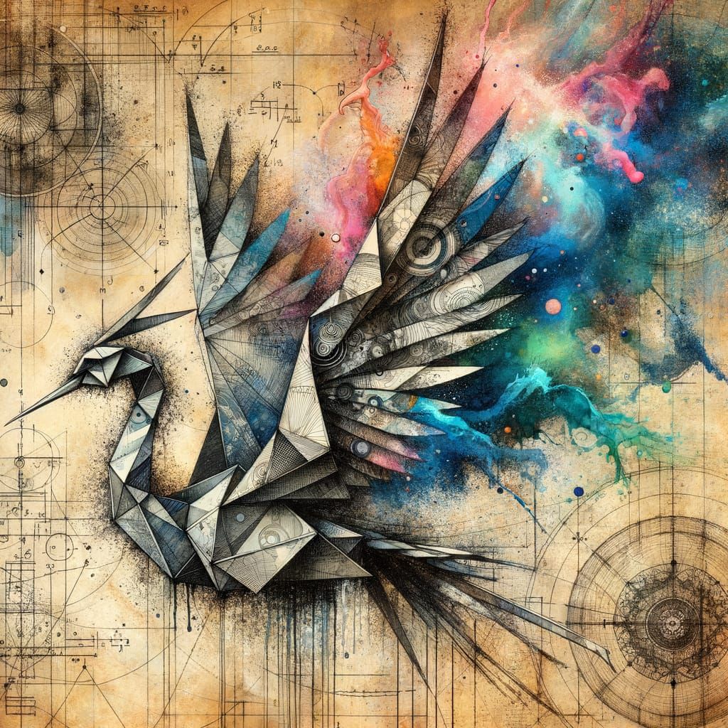 Girl on Origami Crane with Architectural Plans and Watercolo...