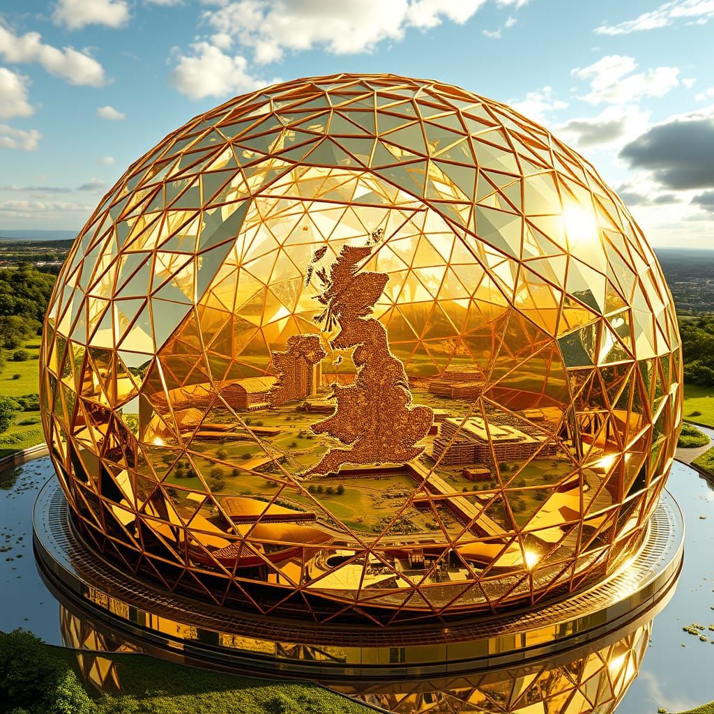 Golden Geodesic Dome with Miniature UK Landscape
