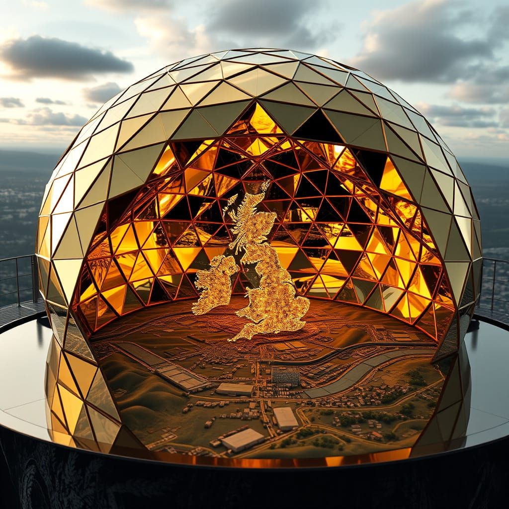 Golden Geodesic Dome Reflects Futuristic Aurora