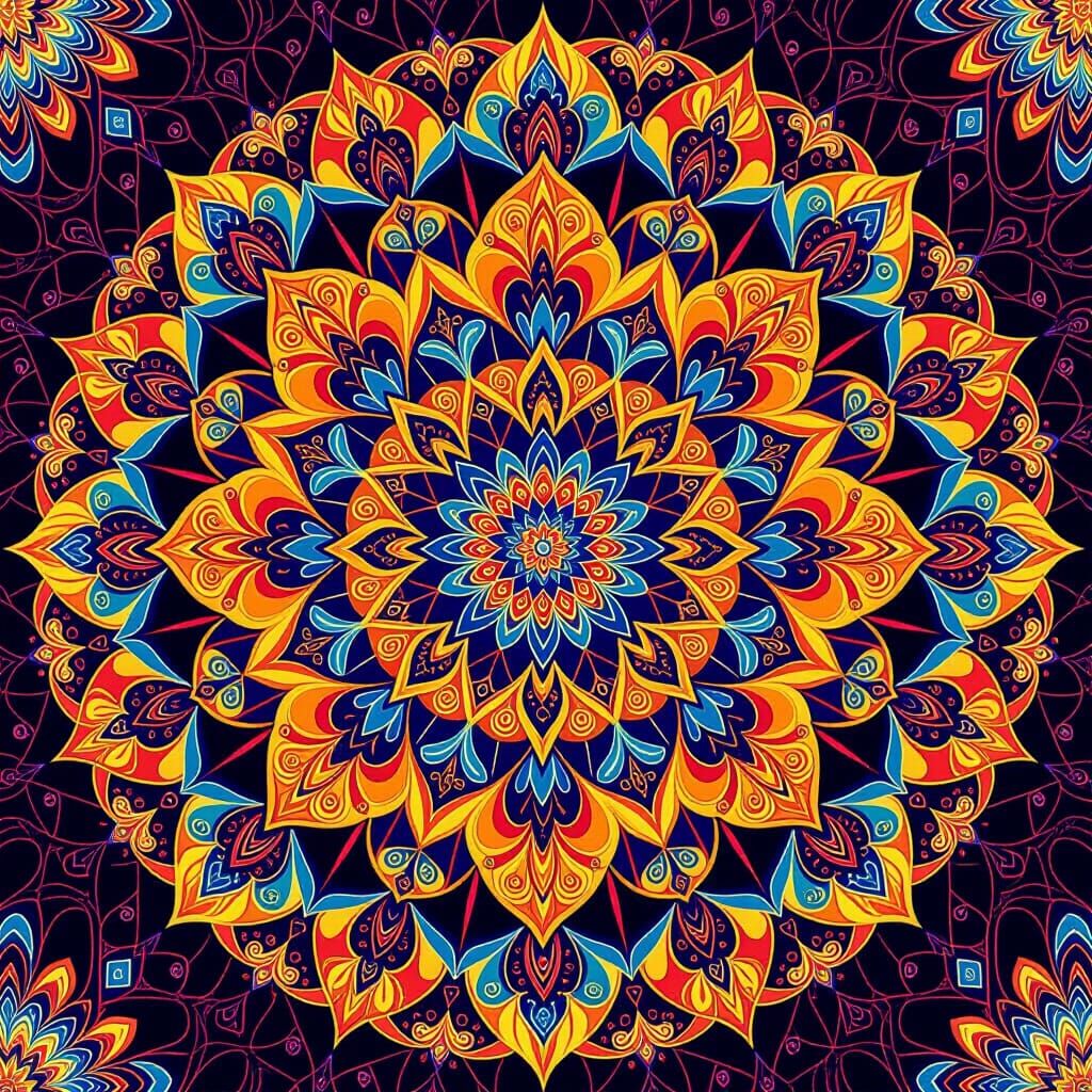 Kaleidoscope of mandalas with intricate, symmetrical patterns and vibrant colors  by @Fuchsani