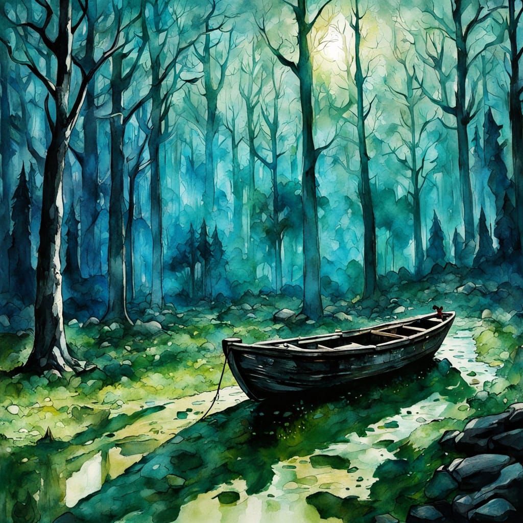 Magical Forest Landscape with Boat in Double Exposure Style
