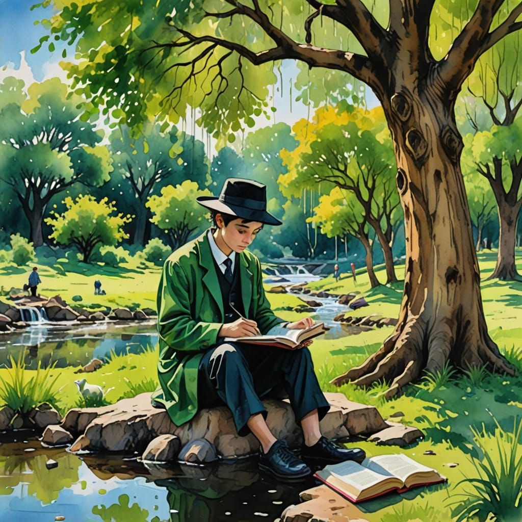 Surreal Watercolor Park Scene with Happy Haredi Boy and Goat