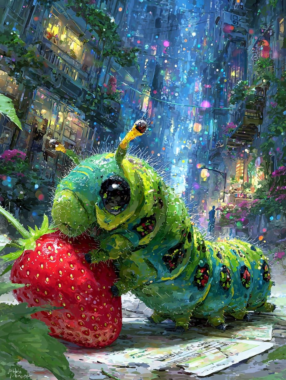 Whimsical Caterpillar Meets Giant Strawberry