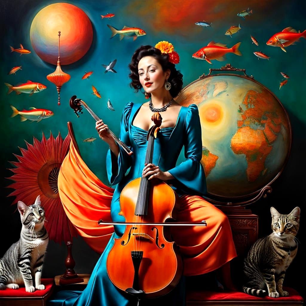 Eccentric Lady in Vibrant Surreal Scene