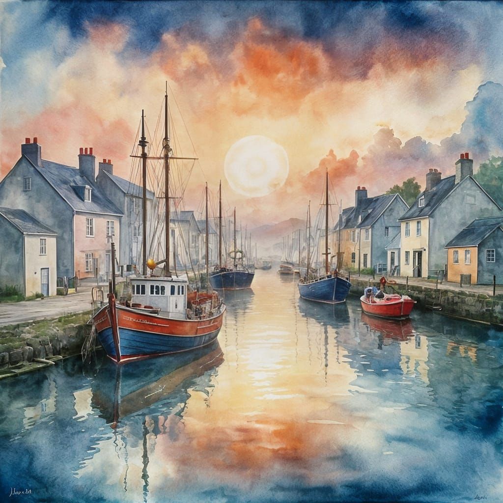 Watercolor Cornish Harbour at Dawn