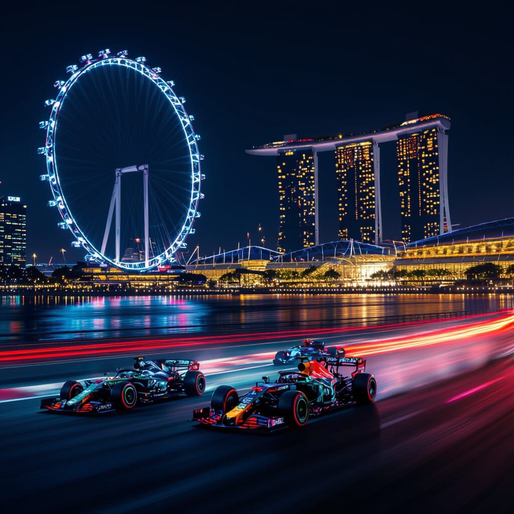 Moto bike GP in the background of Singapore flyer and Marina Bay Sands at night scenario 