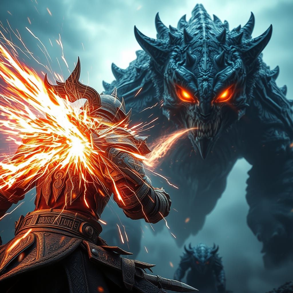 A battle-hardened warrior, clad in scarred armor glowing with ancient runes, channels a colossal surge of radiant energy, unleashing a devas...