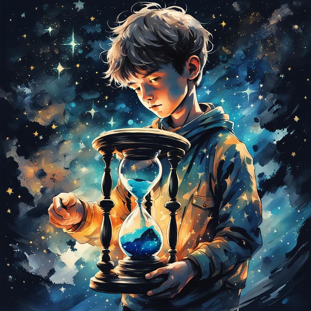 Boy with Hourglass in Starry Sky, Fantasy Illustration