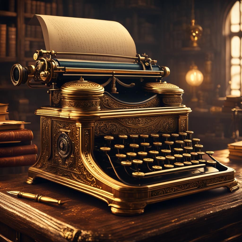 An old shining golden type writer on a vintage desk  by @SnowyOwlOfWonderland
