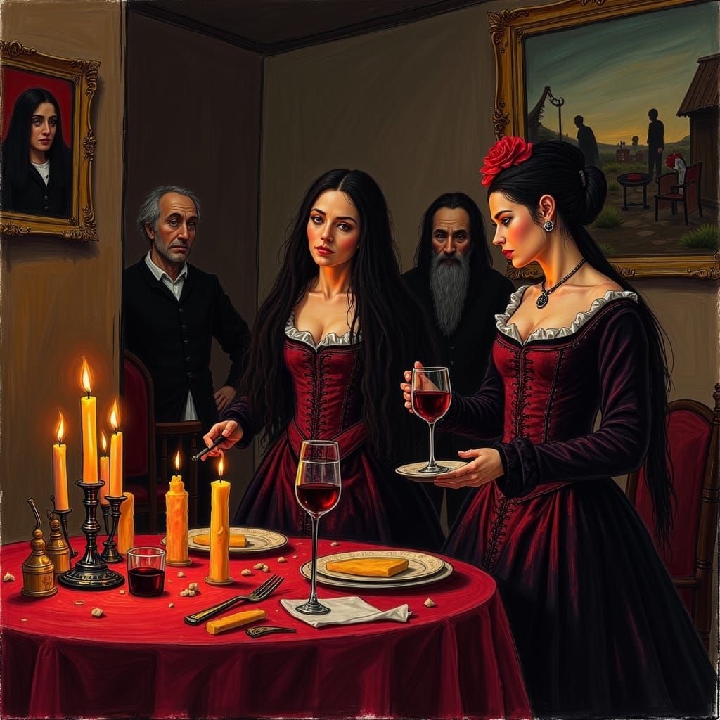 <lora:DysTurbd CryoNz:0.7> Portrait of a 17th century extravagant vampire party, with candles, glasses ...  by @GrizzMum