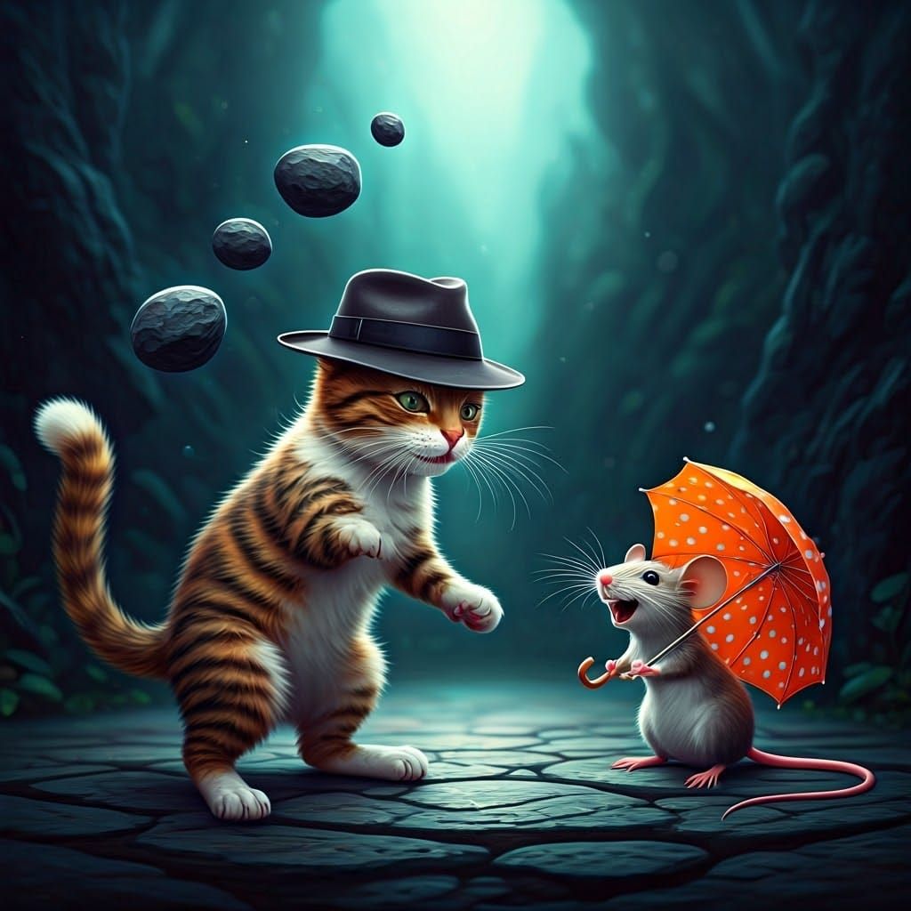 Cat Throwing Stones at Mouse with Umbrella