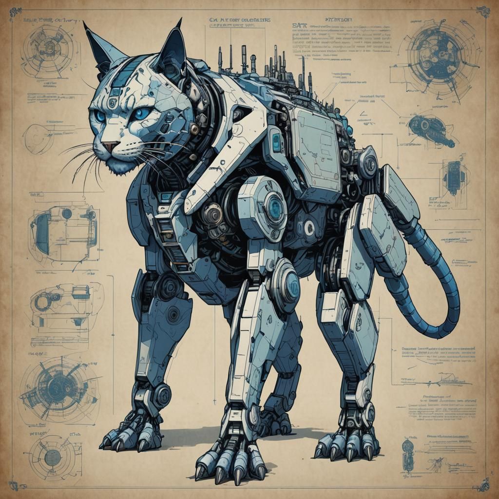 The hidden secret blueprints for a powerful cat mecha, a giant cybernetic cat creature. By Aly Fell  by @Krizza