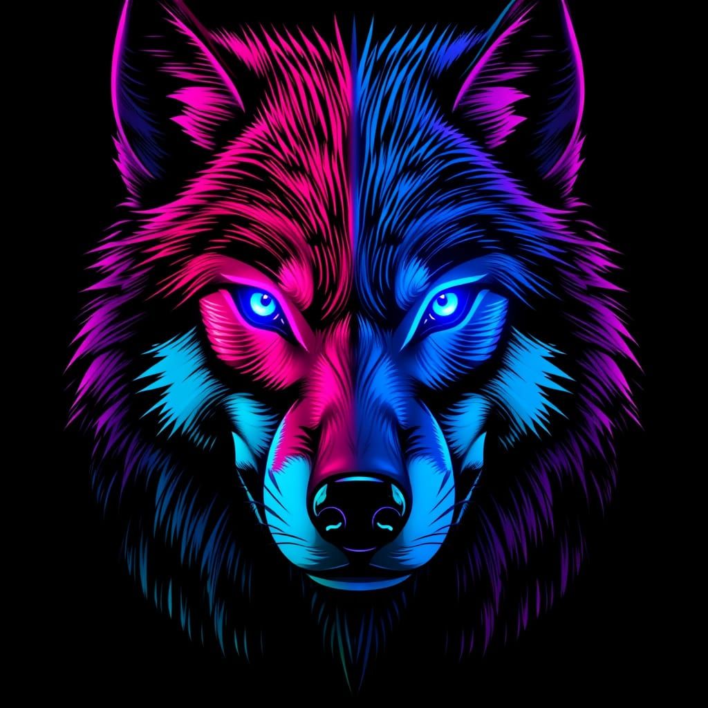 Synthwave Neon Wolf Portrait in Retro Style