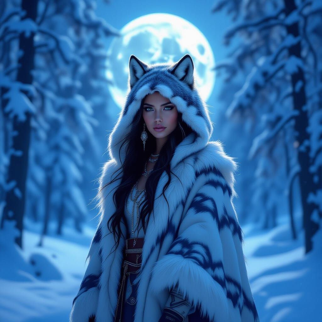  A woman in traditional Native American clothing, adorned with wolf-fur coats, standing in a snowy forest at twilight. The moonlight illumin...