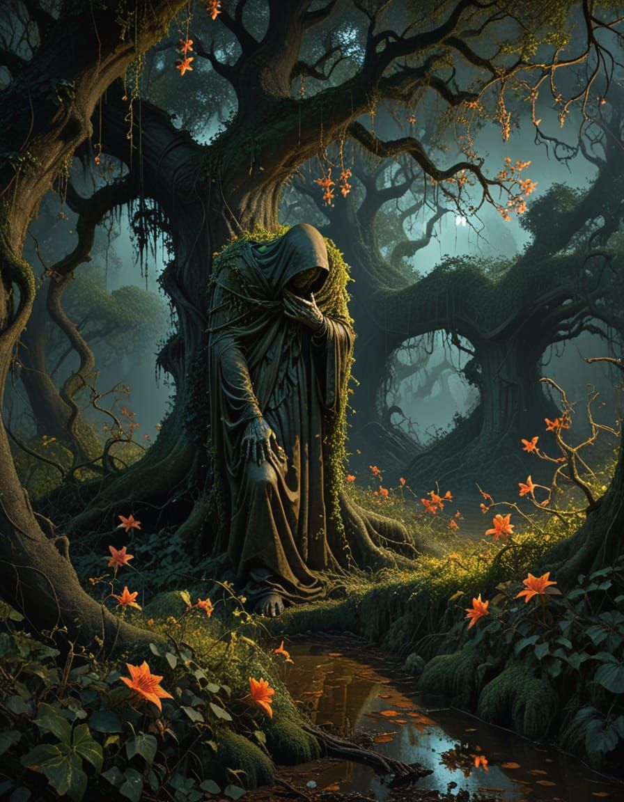 Illuminated by the full moon, (an overgrown garden of ivy vines and trumpet flowers:2.3) glows in amongst ...  by @Kim