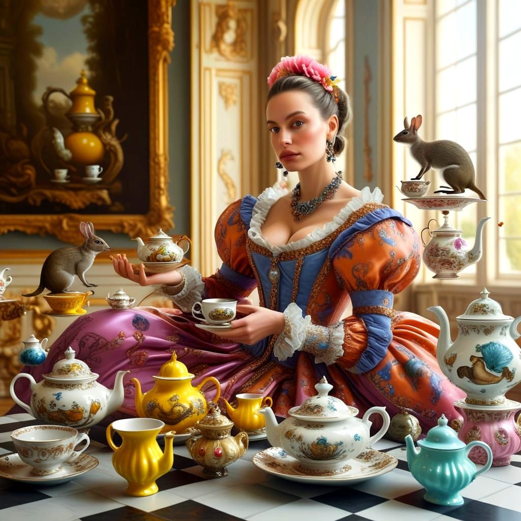 Lady in Vibrant Baroque Attire Surrounded by Fantastical Cre...