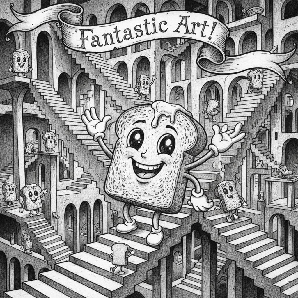 In a black and white charcoal image, a chaotic scene with stairs and archways everywhere going to impossible places including upside-down an...