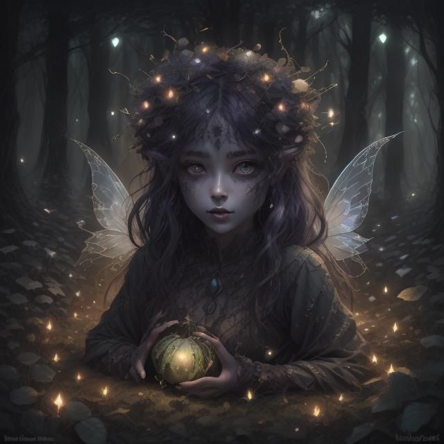 Shadow cloaked spritely fairies huddled around a glowing melon in a dark sinister forest glade effervescent fireflies <lora:Faetalmora:1.0> 